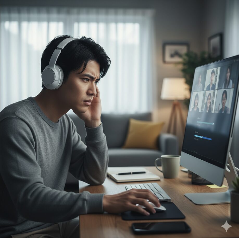 PCを使ってZoomミーティングに参加しているが、音声トラブルで困惑しているアジア人男性