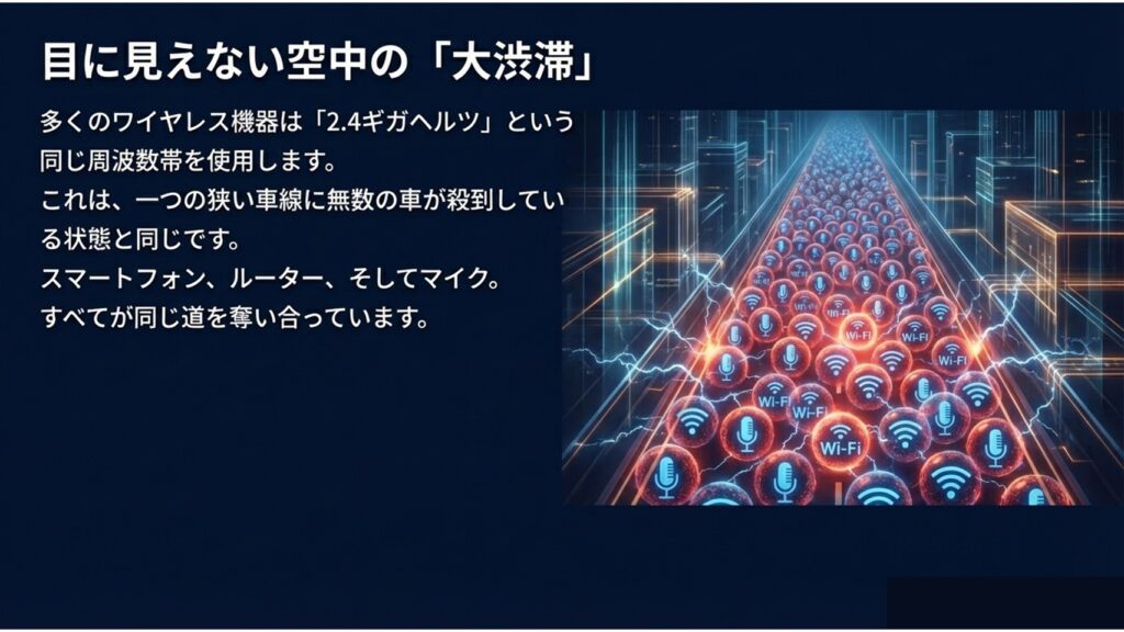 目に見えない空中の大渋滞。同じ2.4GHzの周波数帯を使用する無数のWi-Fiとマイクの電波が殺到しているイメージ。