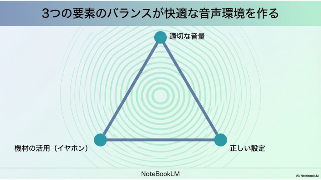 適切な音量、機材の活用、正しい設定の3つの要素のバランスが快適な音声環境を作る