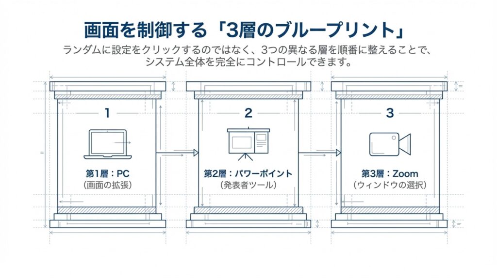 PCの画面拡張、パワーポイントの発表者ツール、Zoomのウィンドウ選択という3層の画面制御ブループリント図