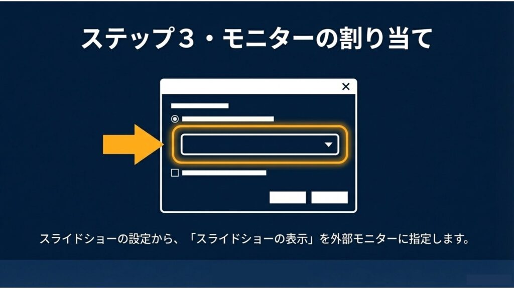 スライドショーの設定画面でスライドショーの表示を外部モニターに指定する操作