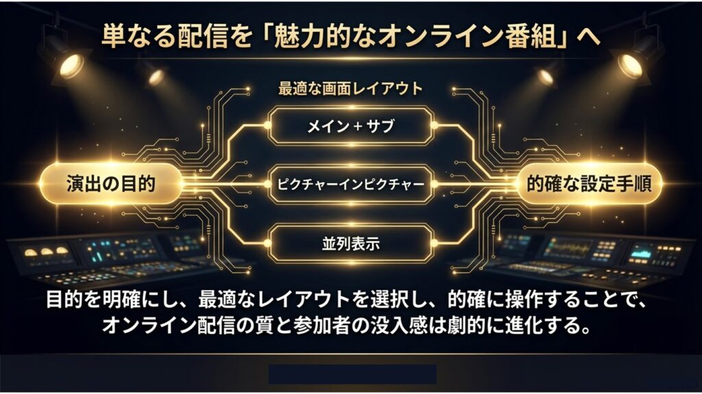 目的を明確にして最適な画面レイアウトを選択し、オンライン配信の質と参加者の没入感を劇的に進化させるまとめ