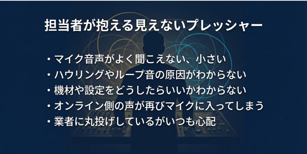 担当者が抱える見えないプレッシャー 。マイク音声がよく聞こえない、ハウリングの原因がわからない等の悩み