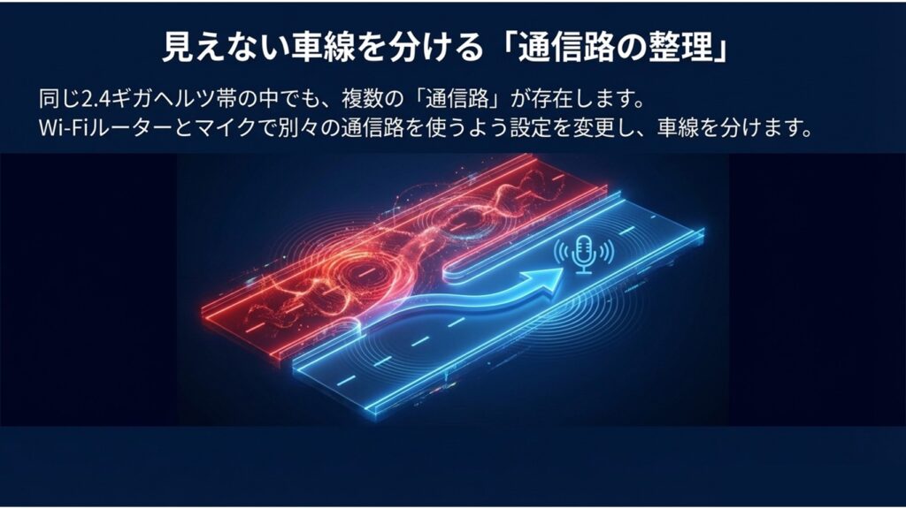 見えない車線を分ける通信路の整理。Wi-Fiルーターとマイクで別々の通信路（チャンネル）を使うイメージ図。