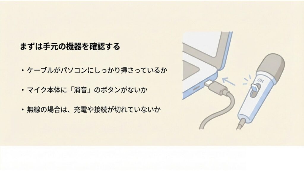 ケーブルの接続やマイク本体の消音ボタンなど手元の機器を確認する