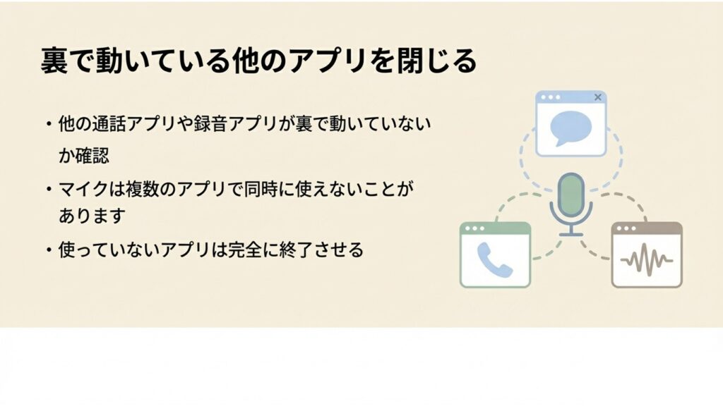 マイクを占有する可能性のある裏で動いている他の通話アプリを閉じる