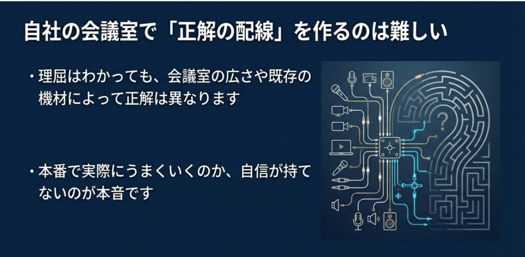 自社の会議室で「正解の配線」を作るのは難しい 。理屈はわかっても、会議室の広さや既存の機材によって正解は異なります