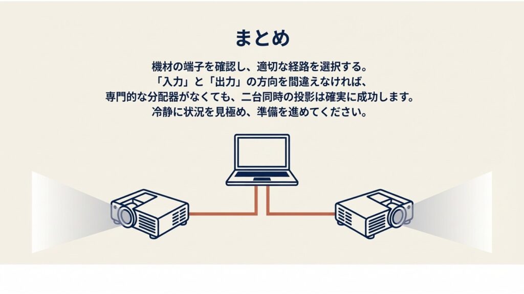 パソコンを中心に2台のプロジェクターが正しく配置され、投影が成功している様子を描いたまとめのイラスト