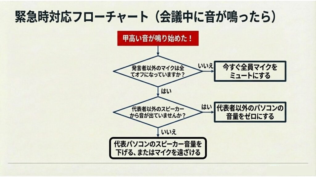 会議中に甲高い音が鳴り始めた際のマイクミュートや音量調整の手順を示す緊急時対応フローチャート