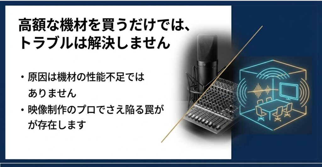 高額な機材を買うだけでは、トラブルは解決しません 。原因は機材の性能不足ではありません
