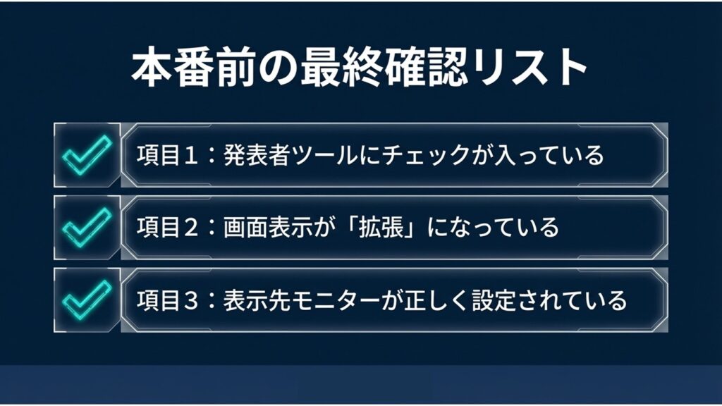発表者ツール、拡張モード、モニター設定の3項目からなる本番前の最終確認リスト