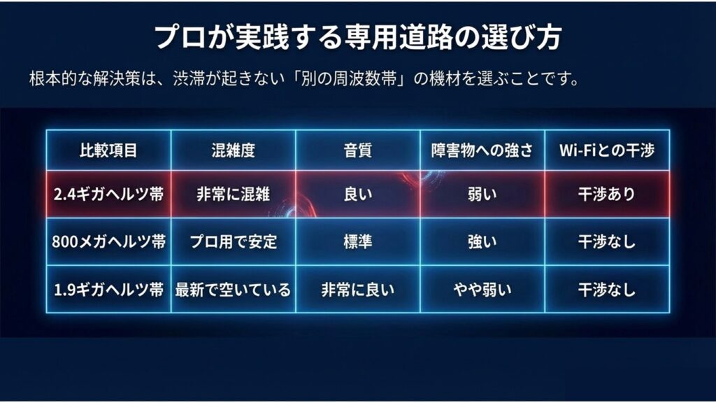 プロが実践する専用道路の選び方。2.4GHz帯、800MHz帯、1.9GHz帯の混雑度や音質、Wi-Fi干渉の有無をまとめた比較表。