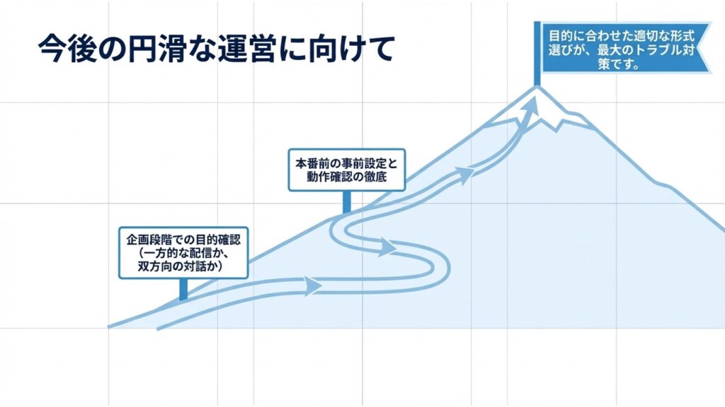 企画段階での目的確認と、本番前の事前設定および動作確認の徹底を推奨するまとめ