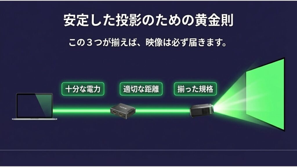 安定した投影のための黄金則。十分な電力、適切な距離、揃った規格の3つが揃えば映像は届きます