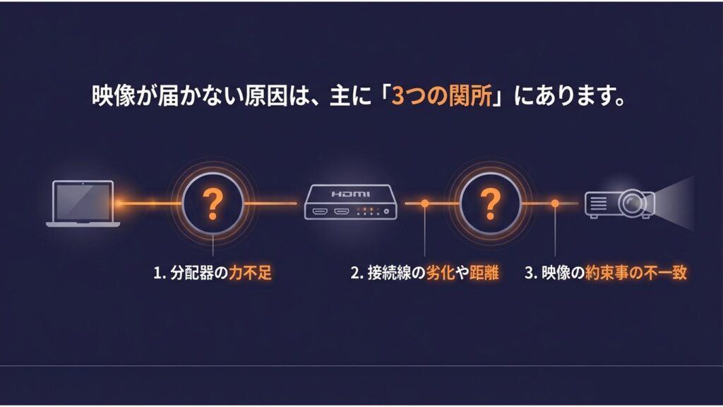 映像が届かない主な3つの原因(分配器の力不足、接続線の劣化や距離、映像の約束事の不一致)