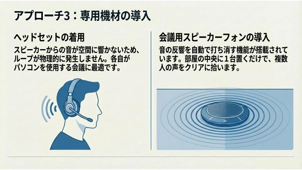 ハウリング対策に有効なヘッドセットと会議用スピーカーフォンのイラスト