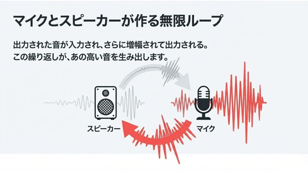 出力された音がマイクに入力され、さらに増幅されて出力されるハウリングの無限ループ図解