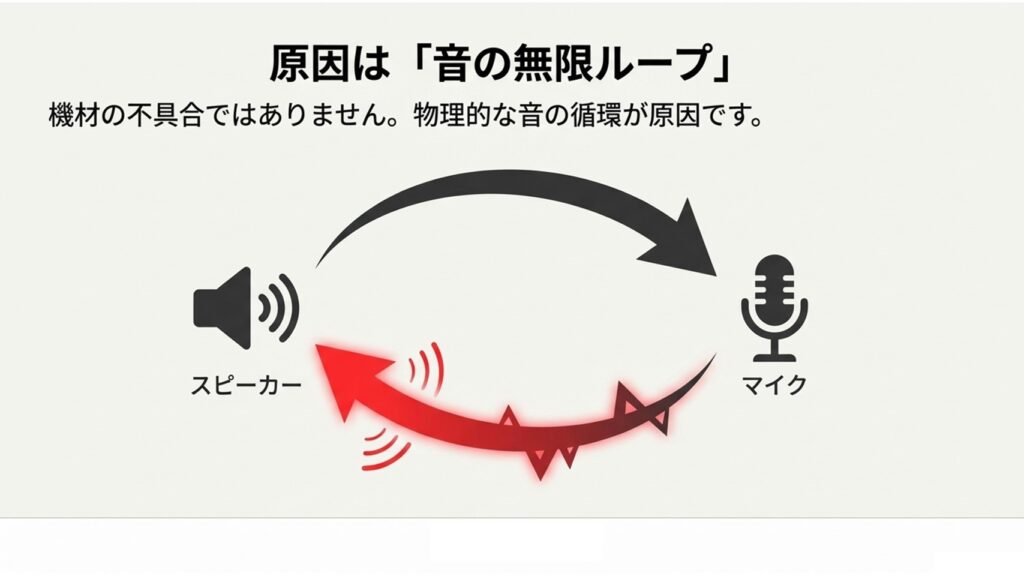スピーカーから出た音をマイクが拾い、再びスピーカーから出力されてしまう音の物理的な循環ループを示す図解