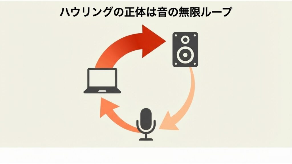 ハウリングの正体であるパソコン・スピーカー・マイク間の音の無限ループを図解
