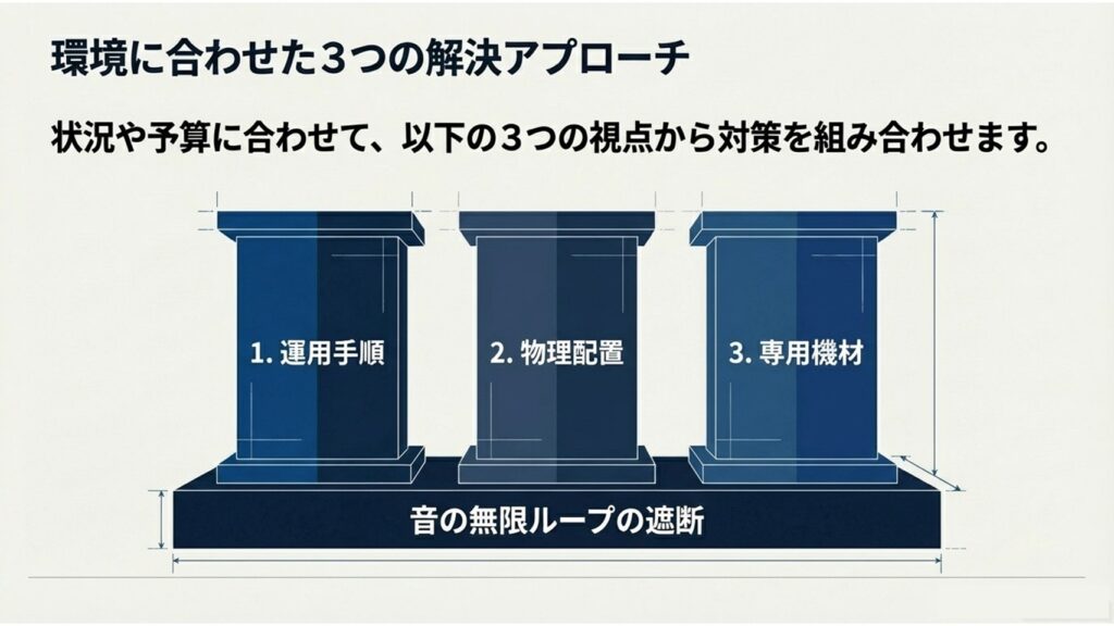 ハウリング対策の3つのアプローチ(運用手順、物理配置、専用機材)を示す図
