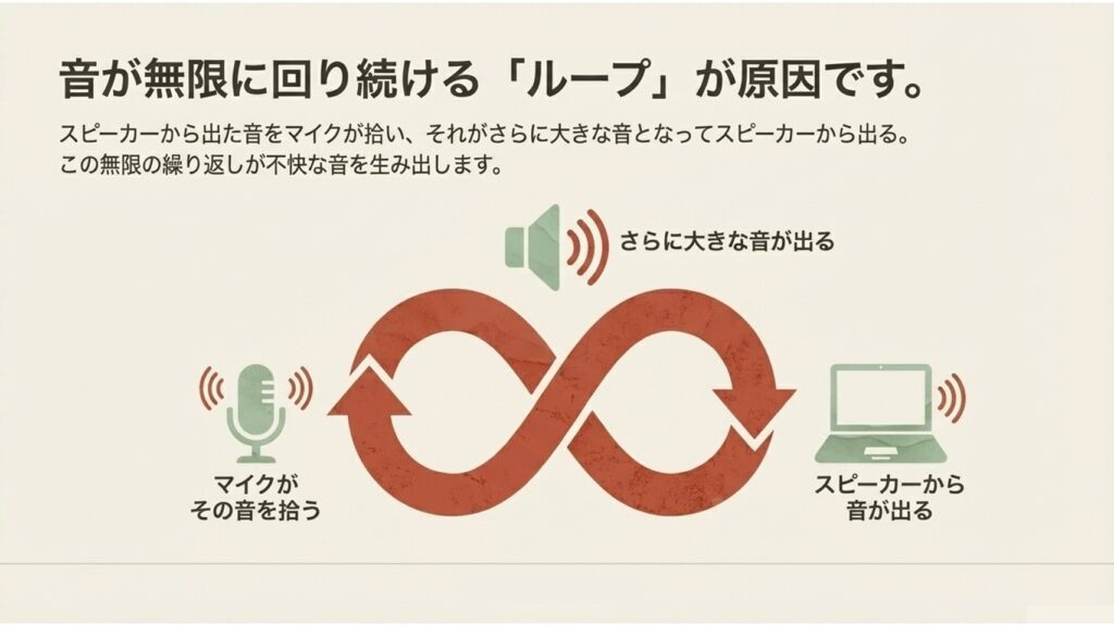 スピーカーから出た音をマイクが拾って繰り返される音のループ現象