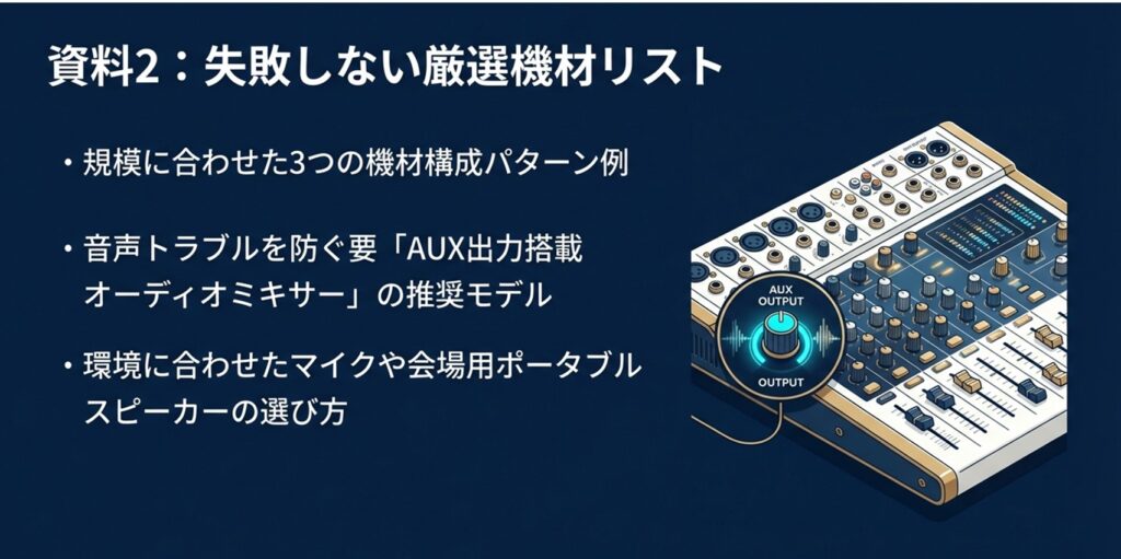 資料2:失敗しない厳選機材リスト 。規模に合わせた3つの機材構成パターン例 