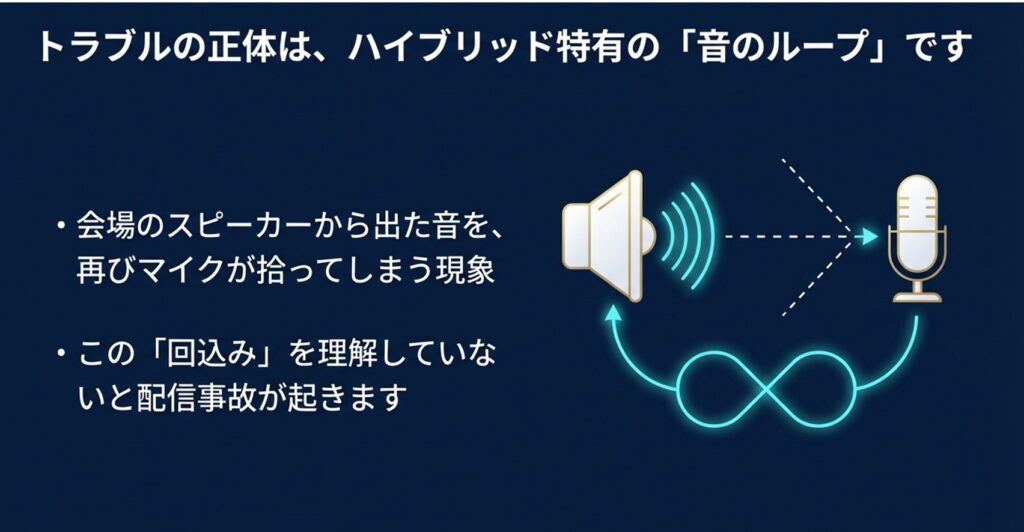 トラブルの正体は、ハイブリッド特有の「音のループ」です 。会場のスピーカーから出た音を、再びマイクが拾ってしまう現象