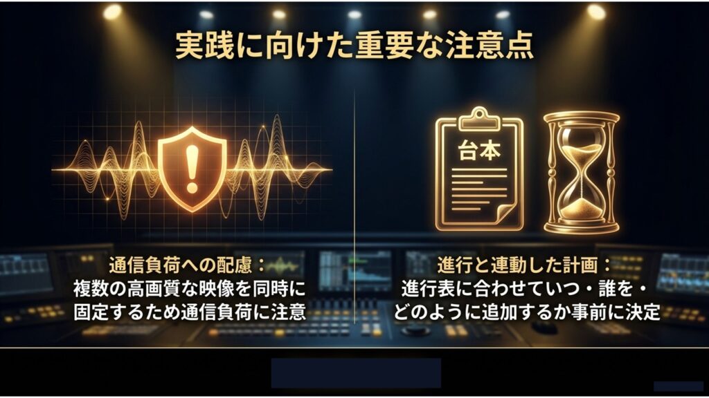 複数映像による通信負荷への配慮や、進行と連動して「いつ誰をどう追加するか」を事前に計画する重要性を示す図解