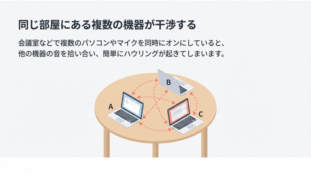 同じ会議室で複数のパソコンを同時にオンにした際、他の機器の音を拾い合う音響干渉の図解