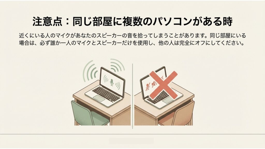 同じ部屋に複数のパソコンがある時にマイクがスピーカーの音を拾ってしまう注意点