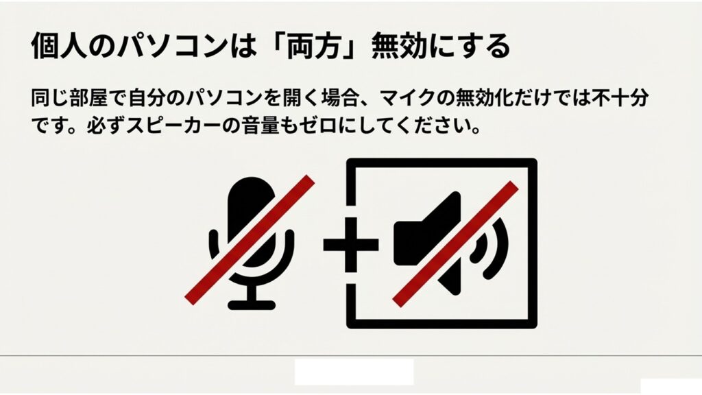 ハウリング防止のため、同席者のパソコンはマイクのミュートだけでなくスピーカーの音量もゼロにするよう促すアイコン