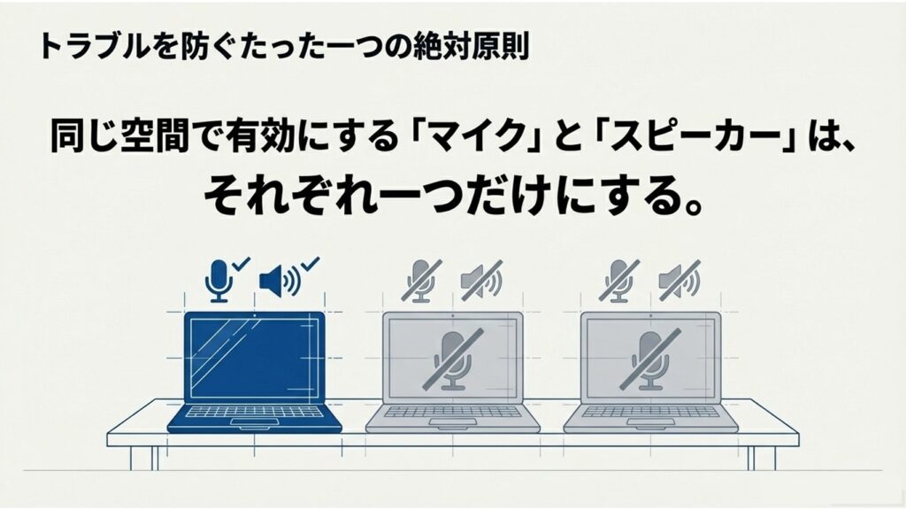 3台のパソコンのうち、1台だけマイクとスピーカーをオンにし、他はオフにする絶対原則のイラスト