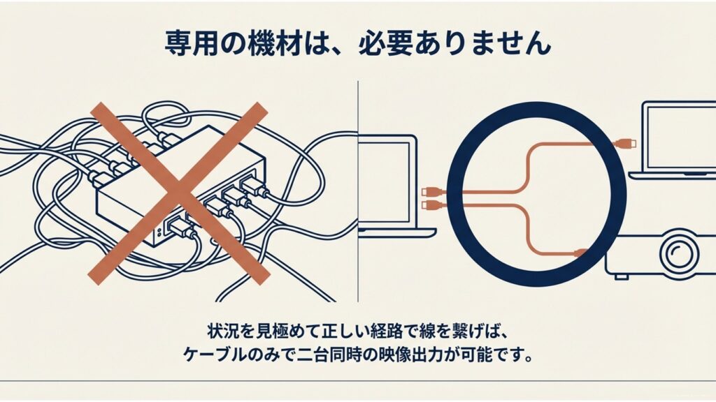 複雑に絡まった分配器の配線にバツ印、シンプルな直接接続にマル印がついた比較イラスト