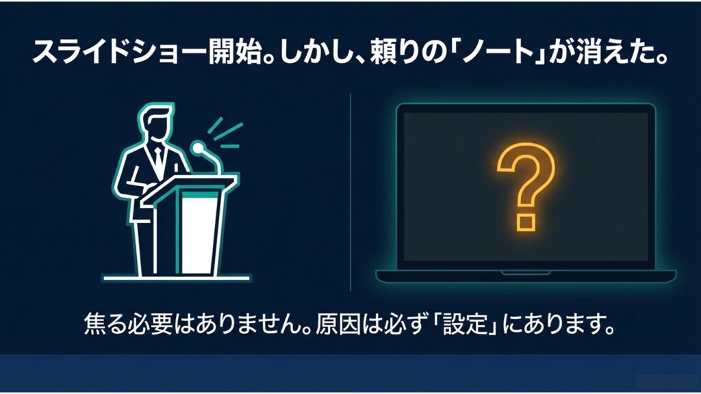 ノートが消えて焦る様子と原因は必ず設定にあるというメッセージ