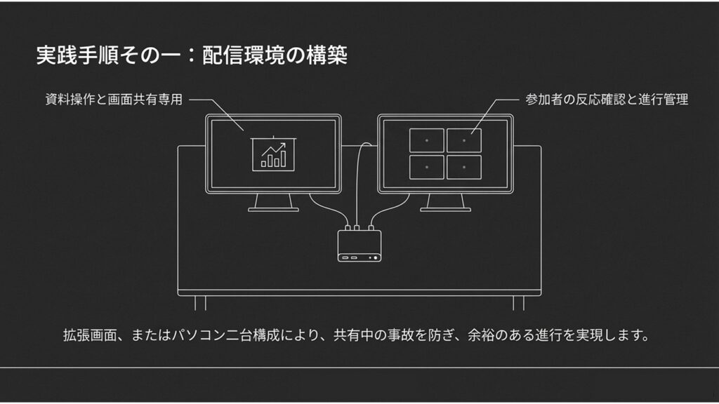 資料操作用と配信用にパソコンを分けたデュアルPC構成による配信環境の配線図