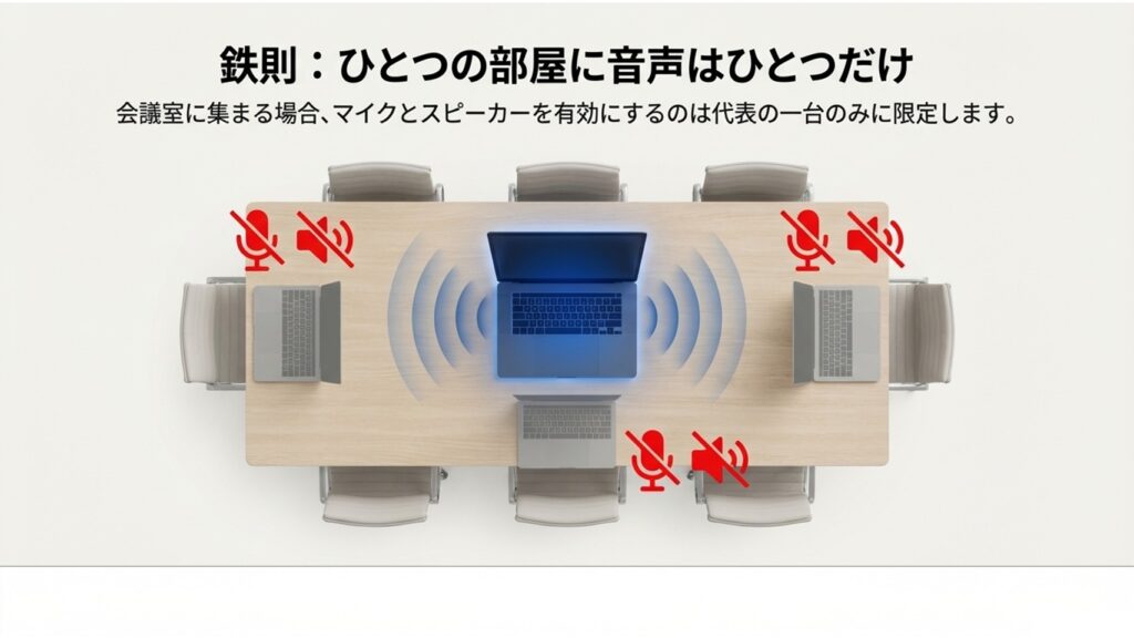 会議室に集まる場合、マイクとスピーカーを有効にするのは代表の1台のみに限定し、他の端末は無効化するルールの俯瞰図