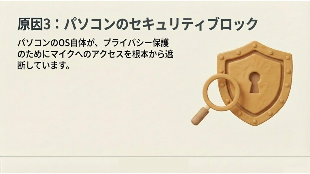 パソコンのOS自体がプライバシー保護のためにマイクへのアクセスを遮断している状態を示す盾と虫眼鏡のイラスト
