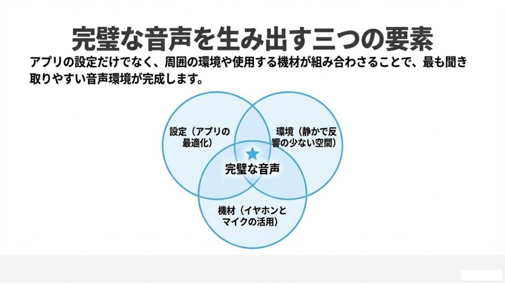完璧な音声を生み出すための3つの要素（アプリの設定、周囲の環境、機材の活用）を示すベン図