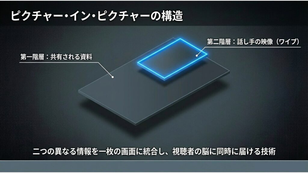 共有資料と話し手のワイプ映像を重ね合わせるピクチャー・イン・ピクチャーの階層構造図