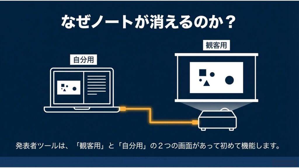 発表者ツールは観客用と自分用の2つの画面があって初めて機能することを示す図