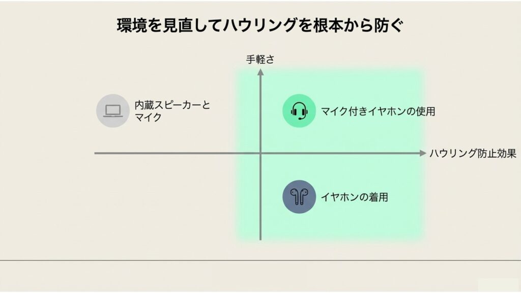 環境を見直してハウリングを根本から防ぐためのデバイス別効果グラフ（イヤホンの着用が最も効果的）