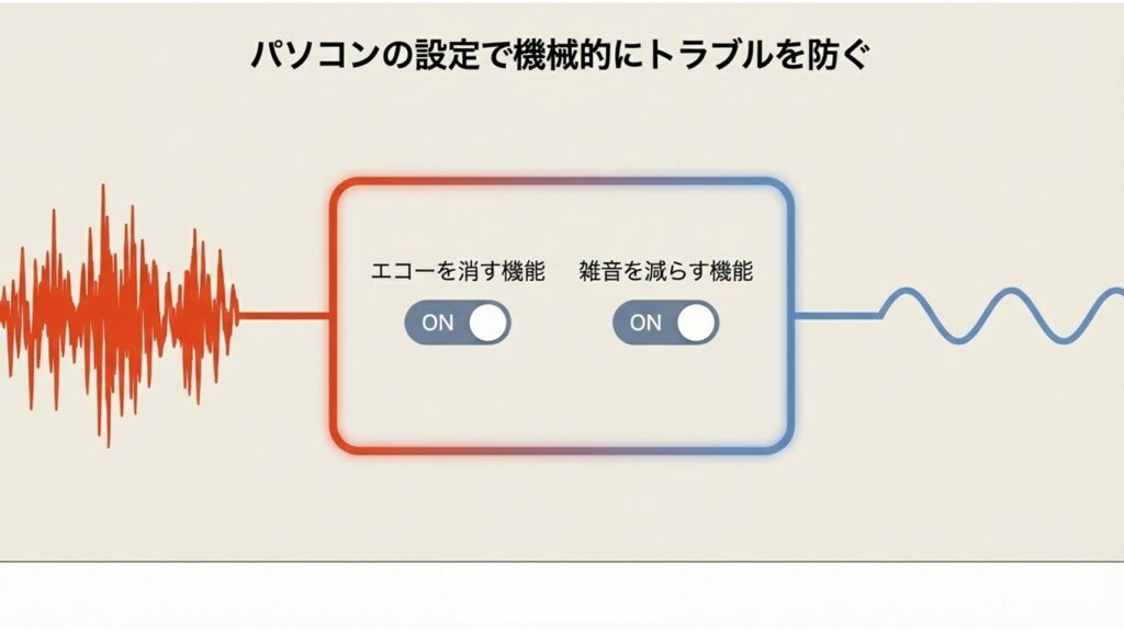 パソコンの設定で機械的にトラブルを防ぐ（エコーを消す機能、雑音を減らす機能をONにする）