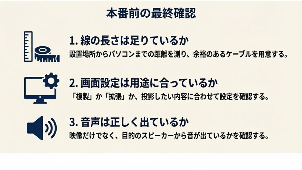 線の長さ、画面設定、音声出力の3項目を確認するためのアイコン付きチェックリスト