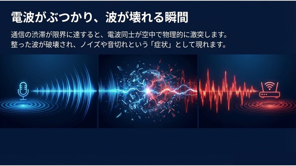 通信の渋滞が限界に達し、電波同士が空中で物理的に激突して波が壊れ、ノイズや音切れが発生する瞬間のイメージ。
