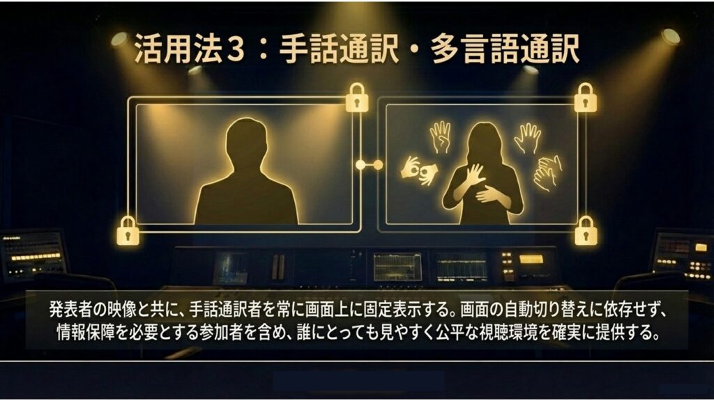 発表者の映像と共に手話通訳者を固定表示し、誰にとっても見やすく公平な視聴環境を提供するレイアウト