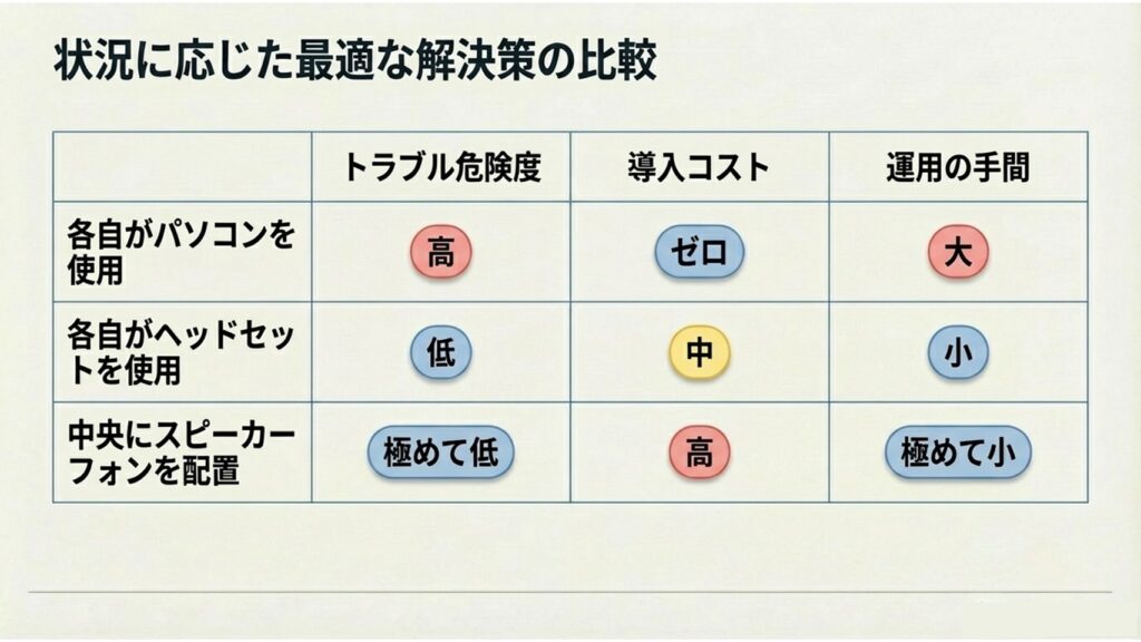 各自パソコン、ヘッドセット、スピーカーフォンのトラブル危険度やコスト、運用の手間を比較した表