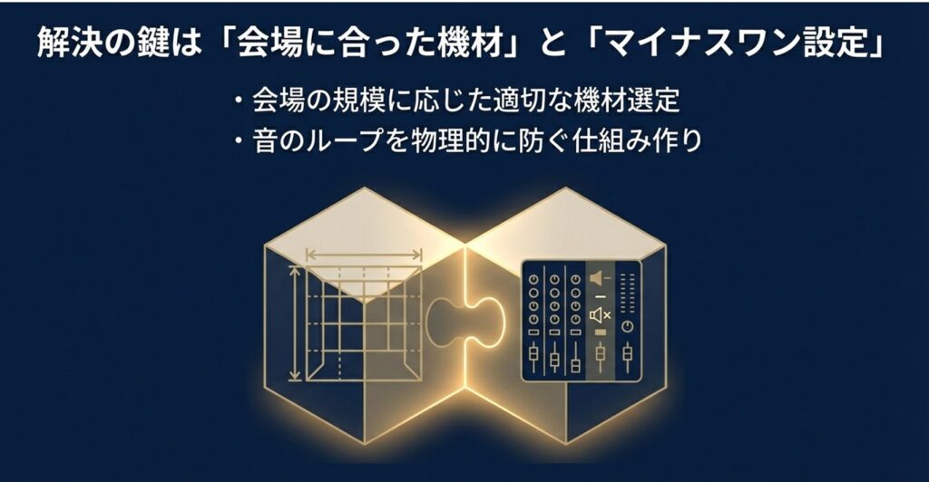 解決の鍵は「会場に合った機材」と「マイナスワン設定」 。音のループを物理的に防ぐ仕組み作り