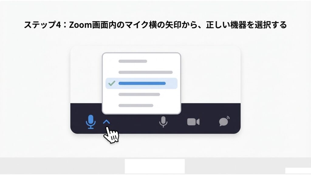ステップ4:Zoom画面内のマイク横の矢印から、正しい機器を選択する