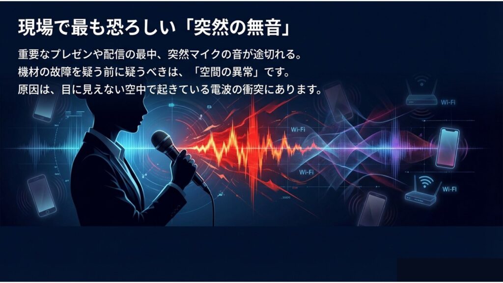 現場で最も恐ろしい突然の無音。原因は空中で起きている電波の衝突にあることを示すイメージ図。