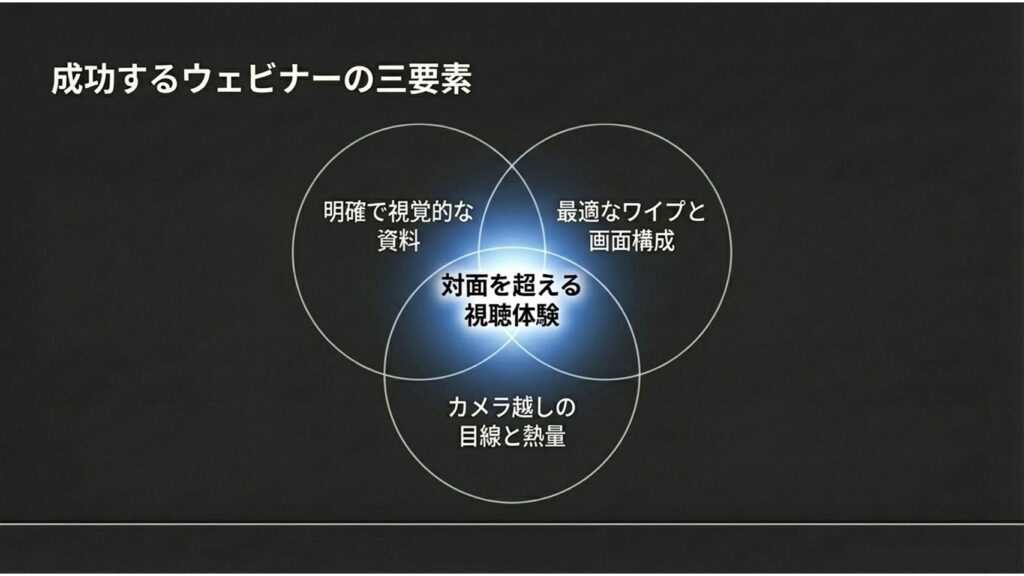 視覚的な資料、最適な画面構成、カメラ越しの熱量が交わる成功するウェビナーの3要素を示すベン図
